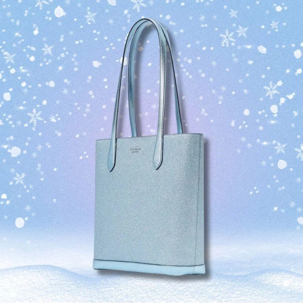 Kate Spade NWT Tinsel Tote Frosty Sky Light Blue Glitter Sparkle Bag Gift Purse